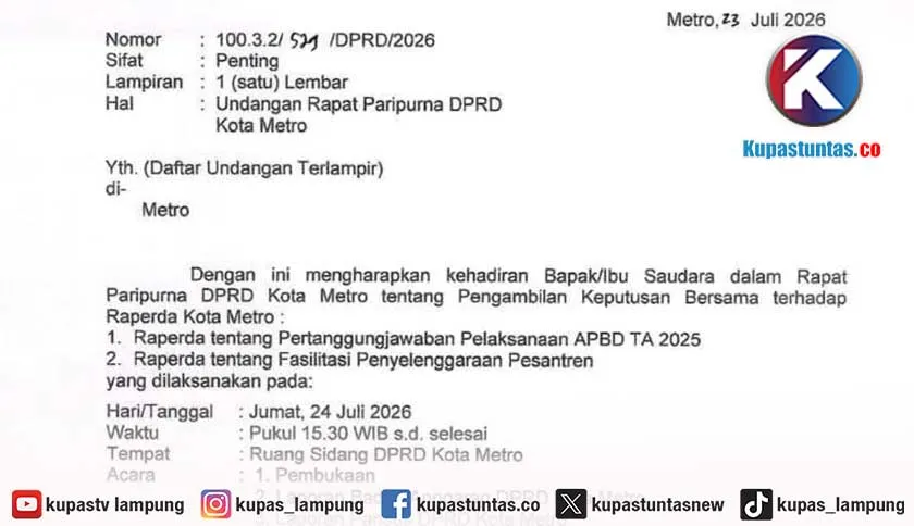 Rapat Paripurna DPRD Kota Metro Ditunda Akibat Minimnya Kehadiran Anggota