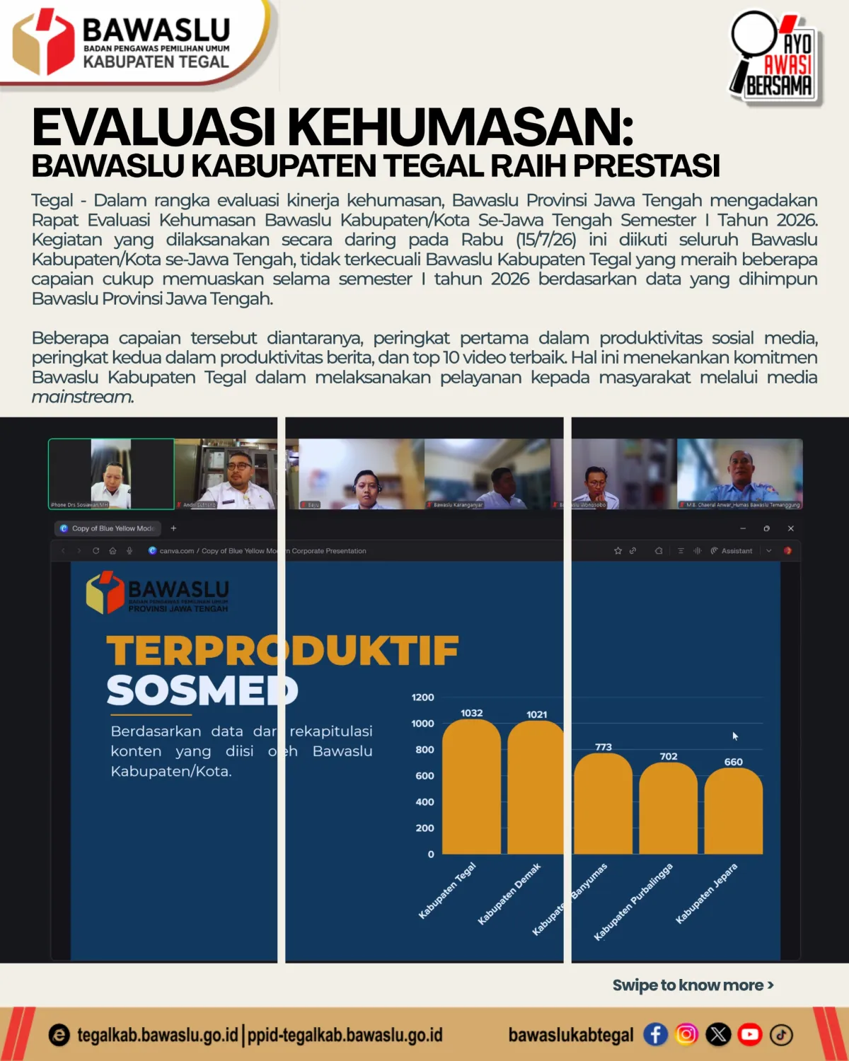 Bawaslu Kabupaten Tegal Sabet Juara di Bidang Kehumasan di Jawa Tengah