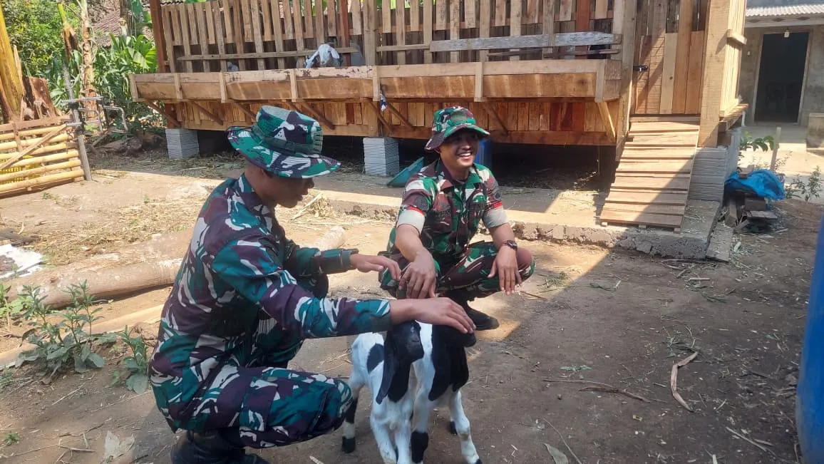 Momen Hangat TMMD 129: Dua Prajurit TNI Bermain dengan Anak Kambing
