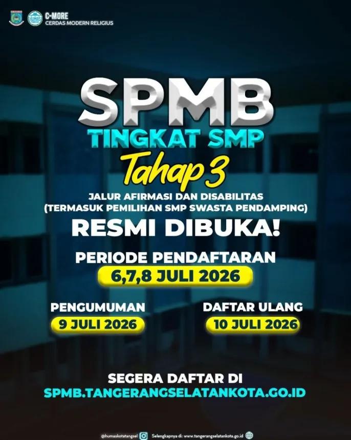 Pendaftaran SPMB Tahap III SMP Negeri Tangsel Dibuka untuk Jalur Afirmasi dan Disabilitas
