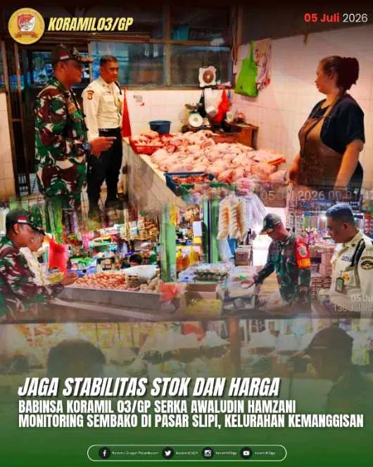 Babinsa Koramil 03/GP Pantau Stabilitas Sembako di Pasar Slipi