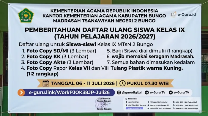 MTsN 2 Bungo Umumkan Jadwal Daftar Ulang Siswa Kelas IX 2026/2027