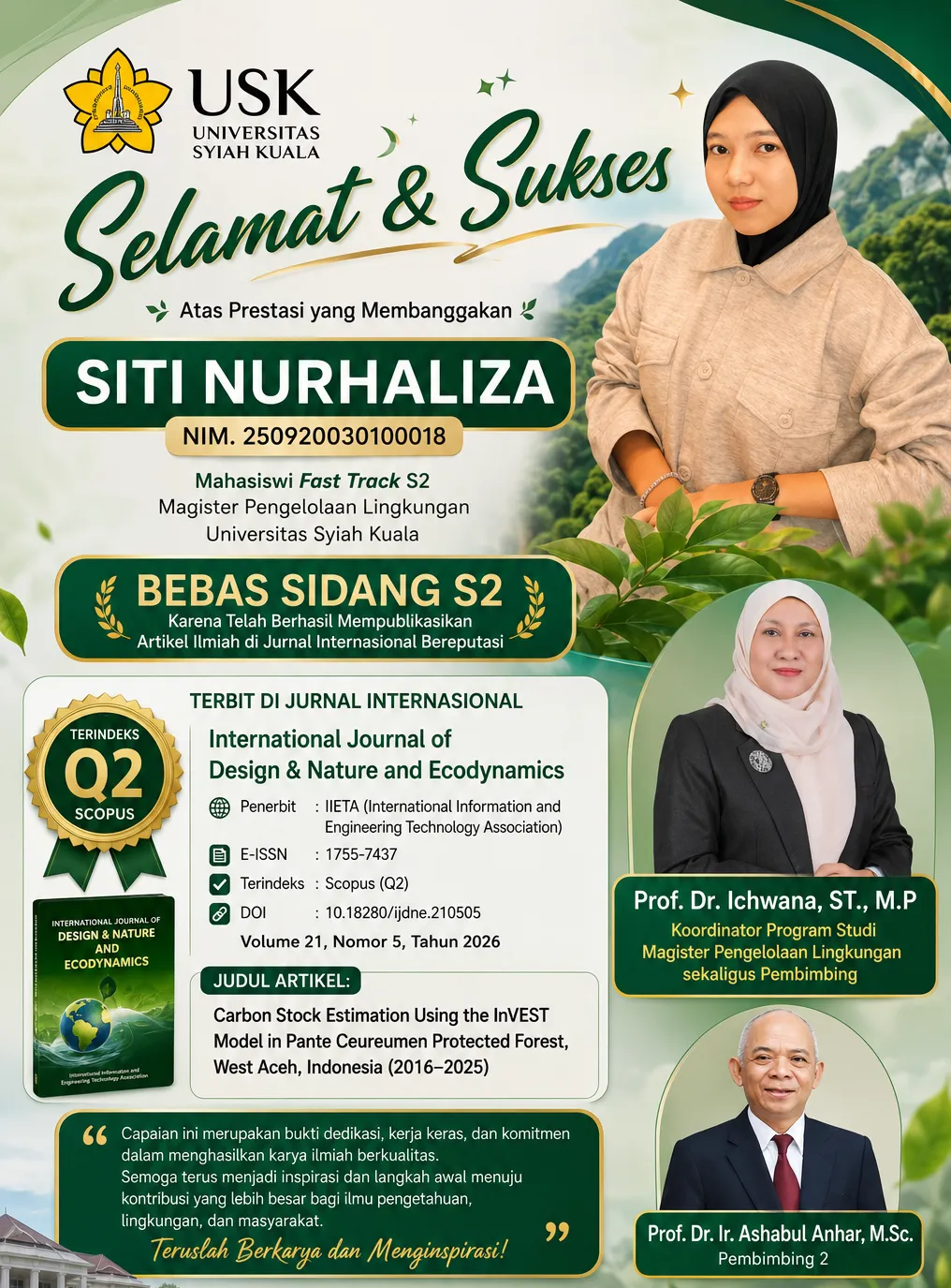Mahasiswi USK Raih Bebas Sidang S2 Berkat Publikasi Jurnal Internasional